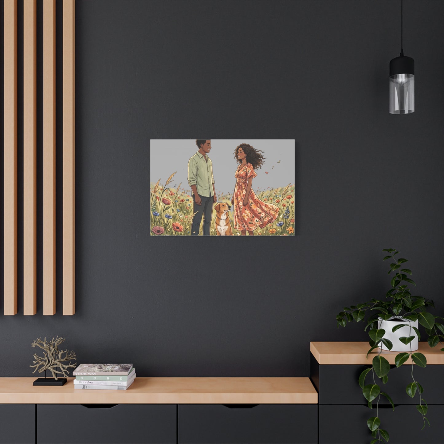 Romantic Couple in Wildflower Field Canvas Art — Black Love Wall Decor with Dog