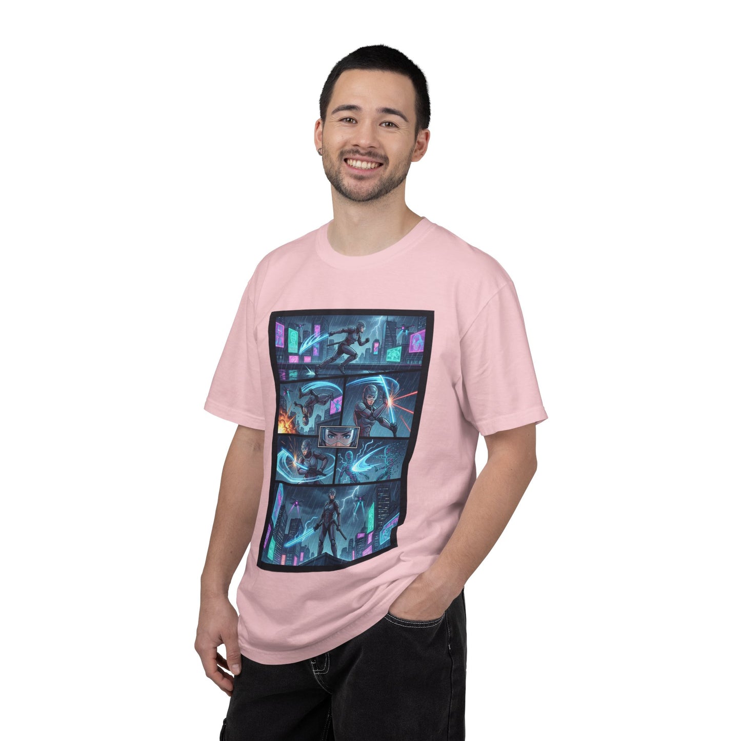 Cyberpunk Girl Samurai T-Shirt — Neon Manga Panel Graphic Tee