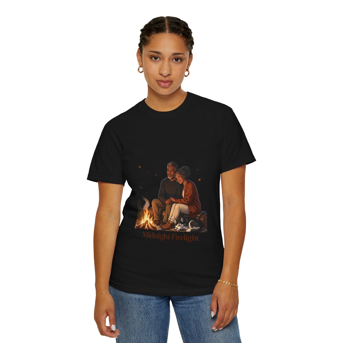 Midnight Firelight T-Shirt — Cozy Couple Campfire Graphic Tee