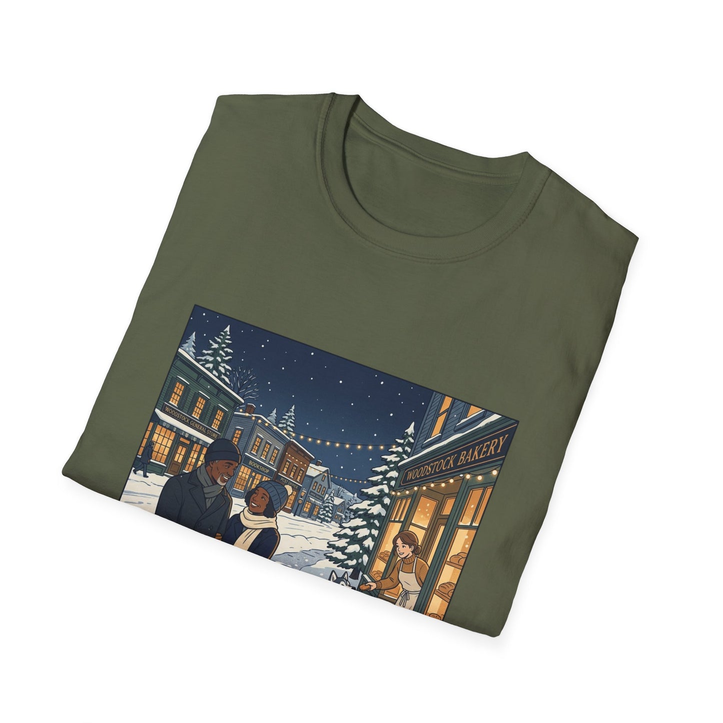 Winter String Lights Stroll T-Shirt — Cozy Holiday Street Scene Graphic Tee