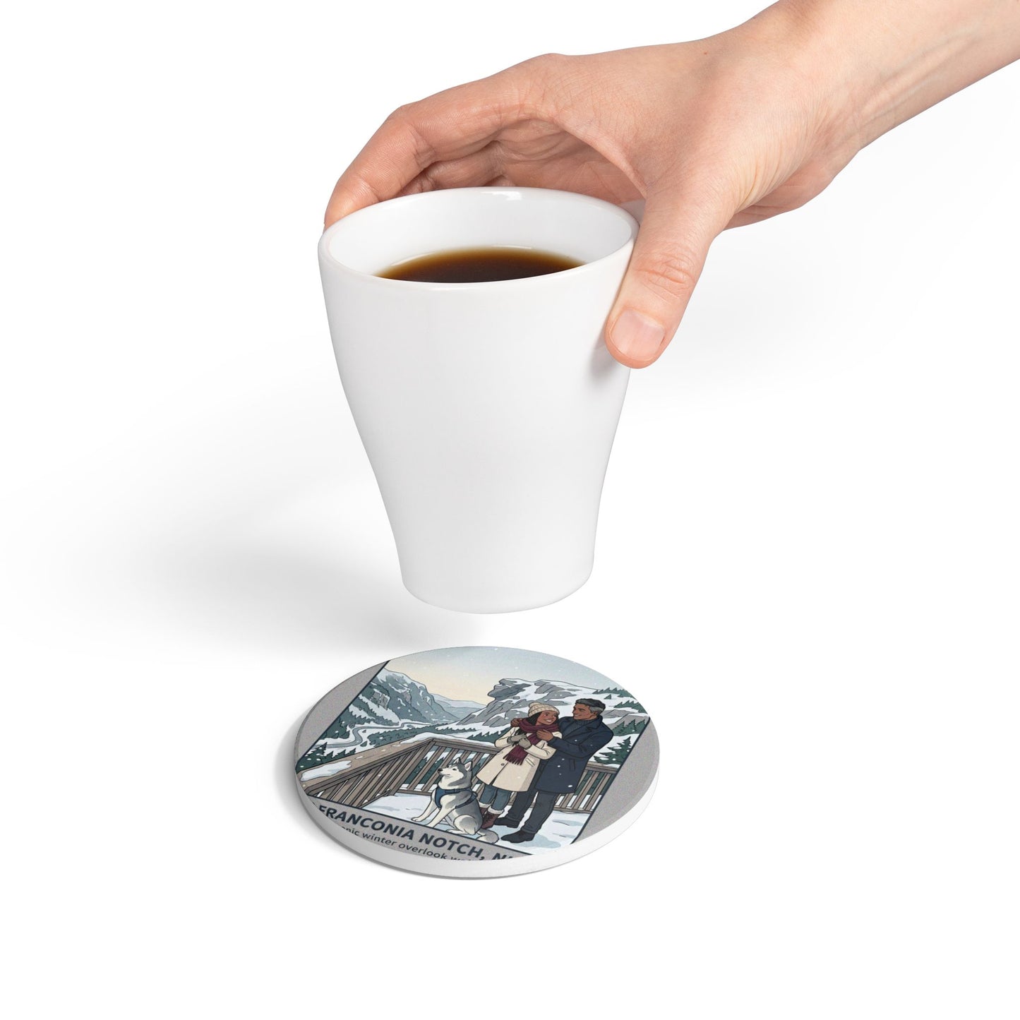 Franconia Notch Winter Scenic Ceramic Coaster — Couple with Husky Snowview