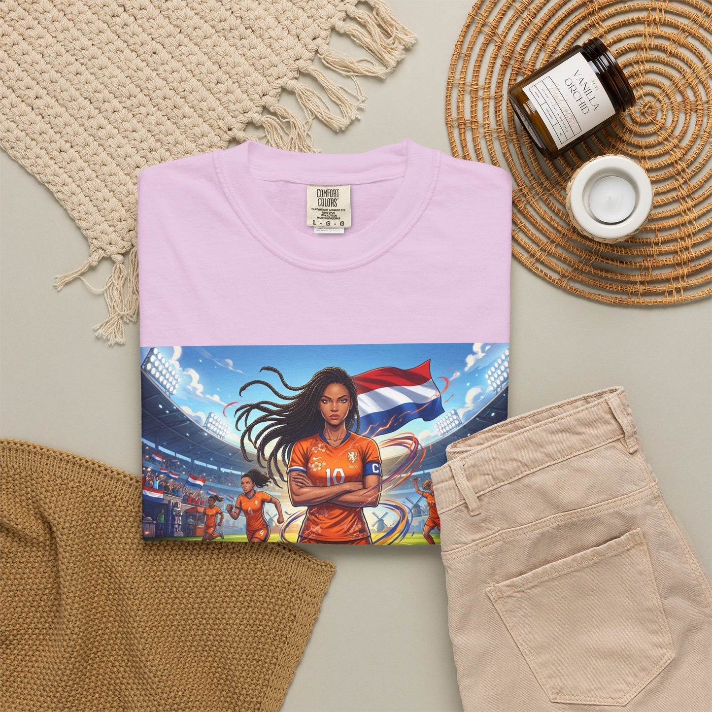 Soccer Warrior T-Shirt — Netherlands Female Captain with Flag Stadium Graphic