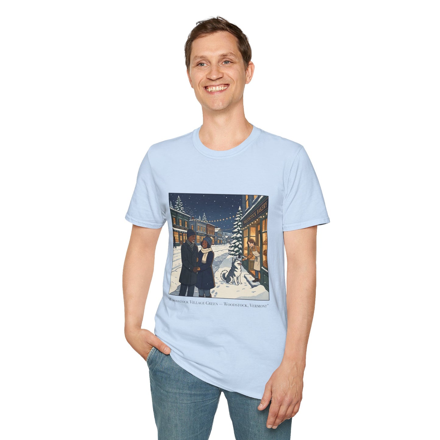 Winter String Lights Stroll T-Shirt — Cozy Holiday Street Scene Graphic Tee