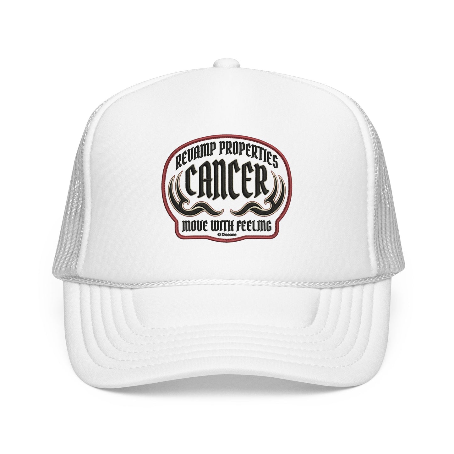 Cancer Zodiac Trucker Hat — Vintage Embroidered Skull & Crab Design