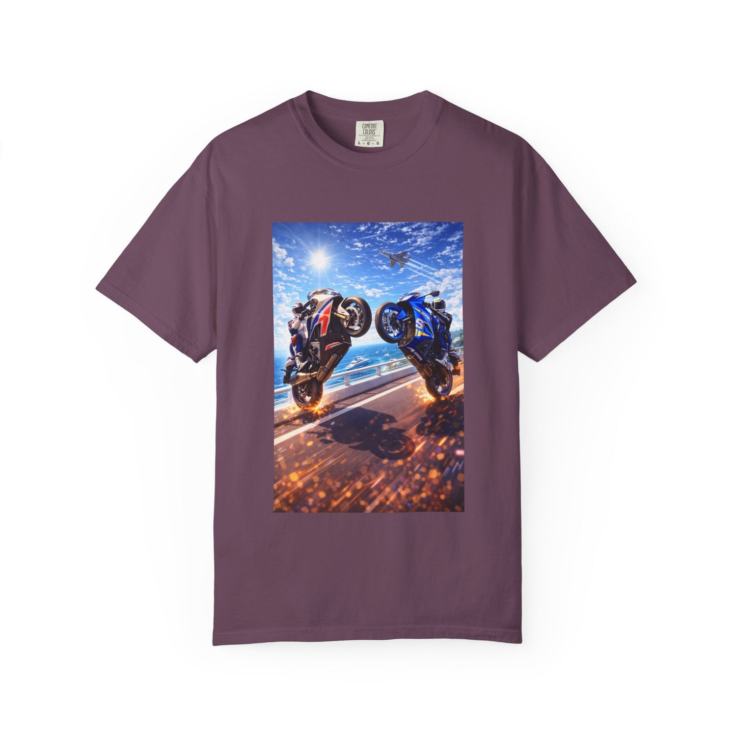 Stunt Riders Motorcycle T-Shirt — Two Bike Wheelie Racing Graphic Tee
