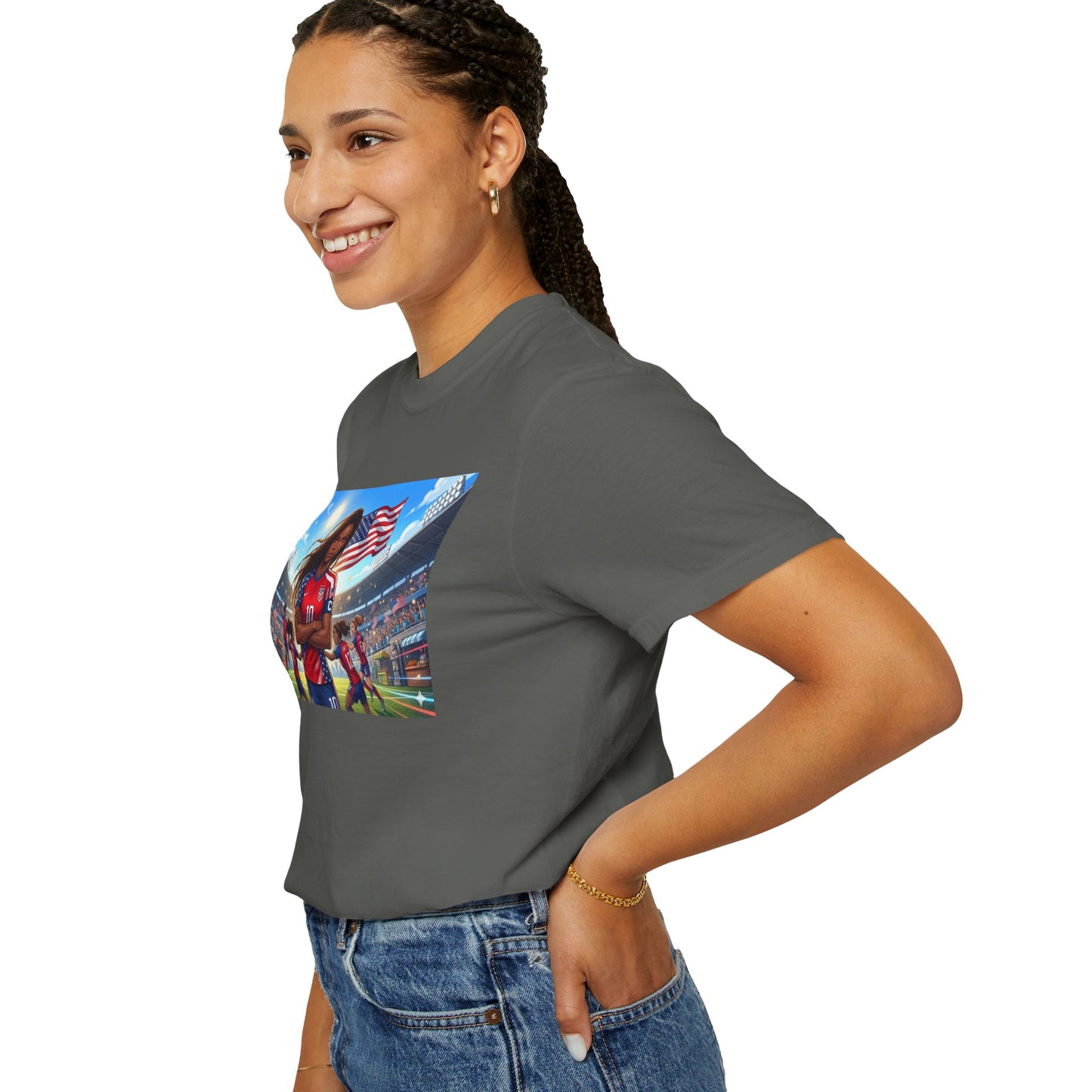 Soccer Mom USA T-Shirt — Female Soccer Player with American Flag Stadium Graphic