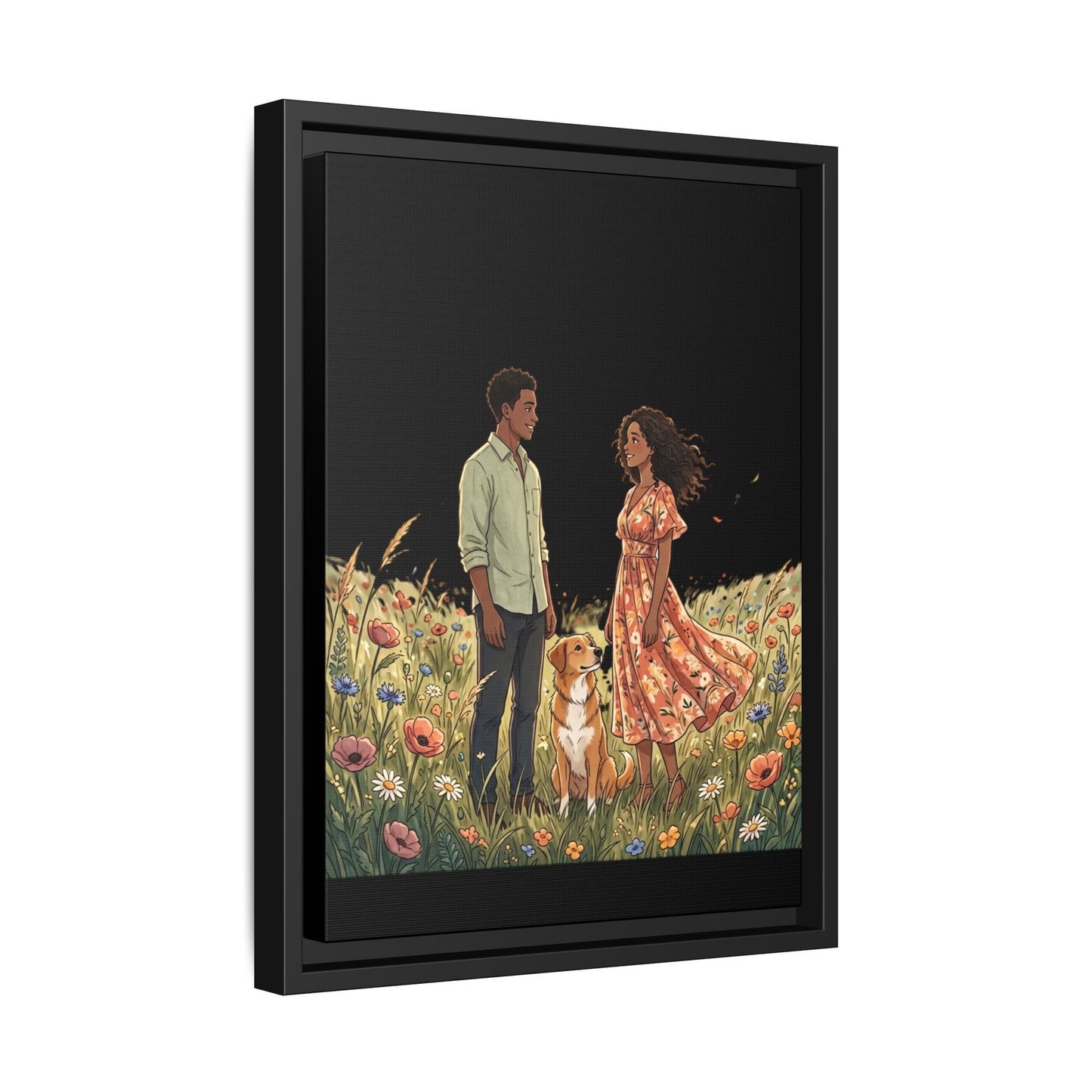 Framed Matte Canvas Print — Romantic Couple in Wildflower Field (Multi‑Color)