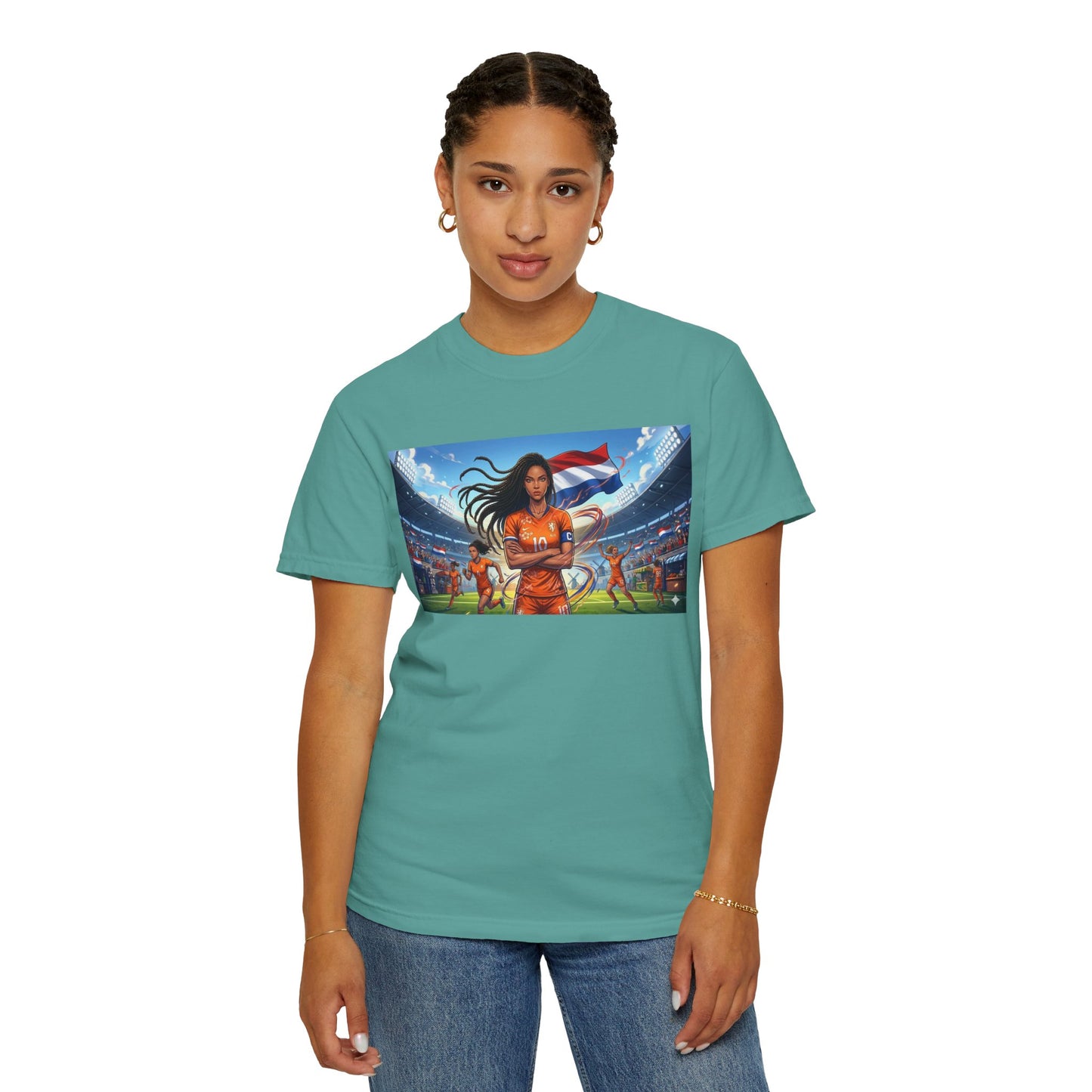 Soccer Warrior T-Shirt — Netherlands Female Captain with Flag Stadium Graphic