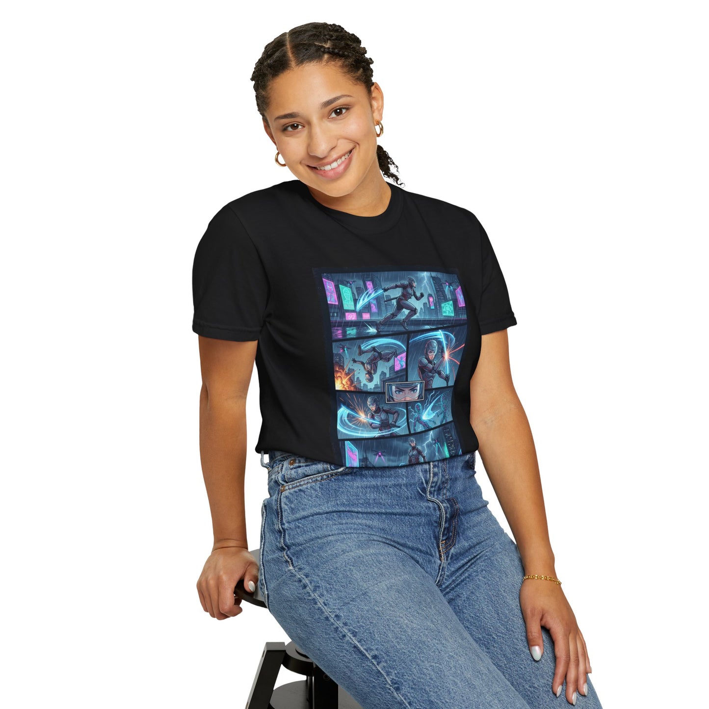 Cyberpunk Girl Samurai T-Shirt — Neon Manga Panel Graphic Tee