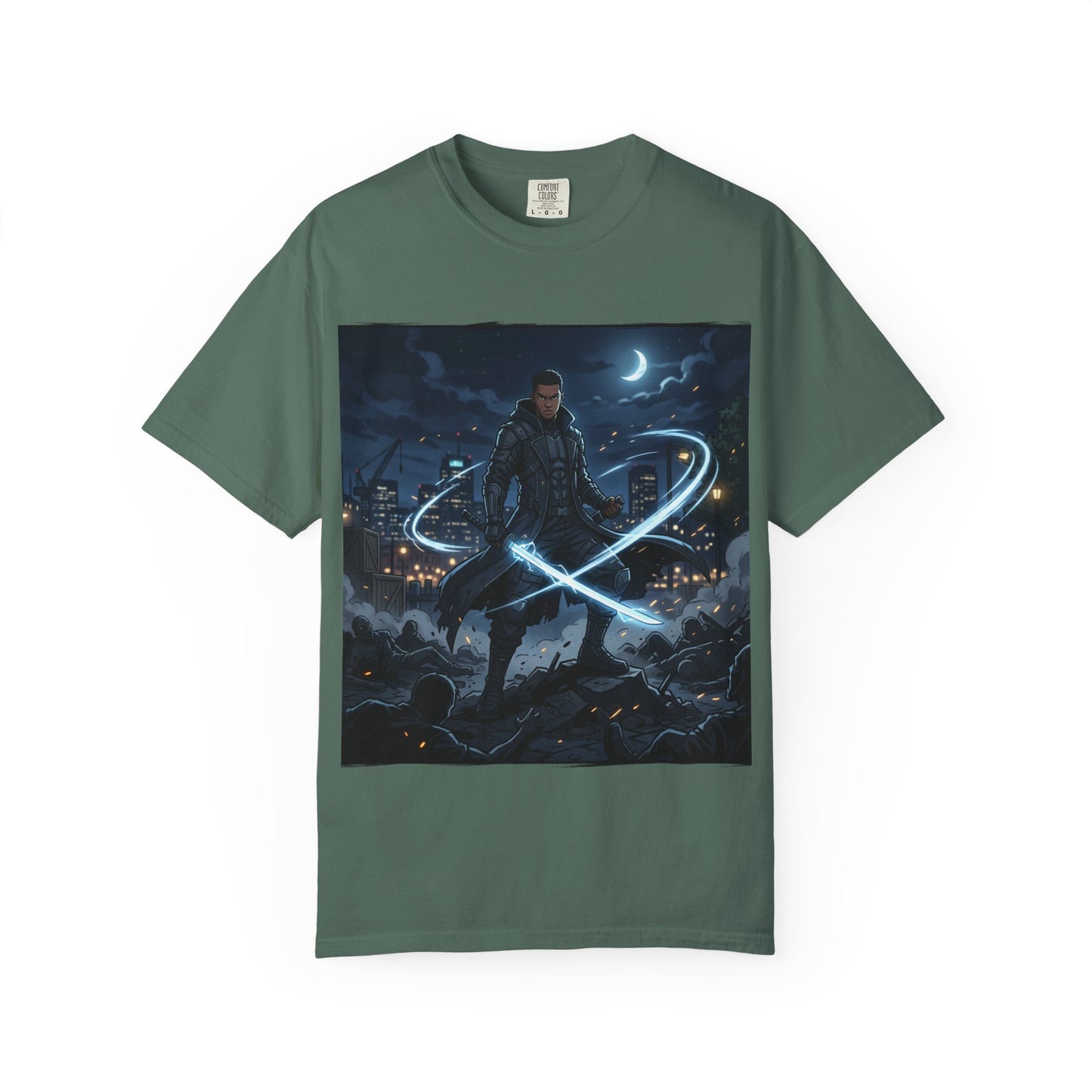 Urban Night Warrior T-Shirt — Neon Samurai Cityscape