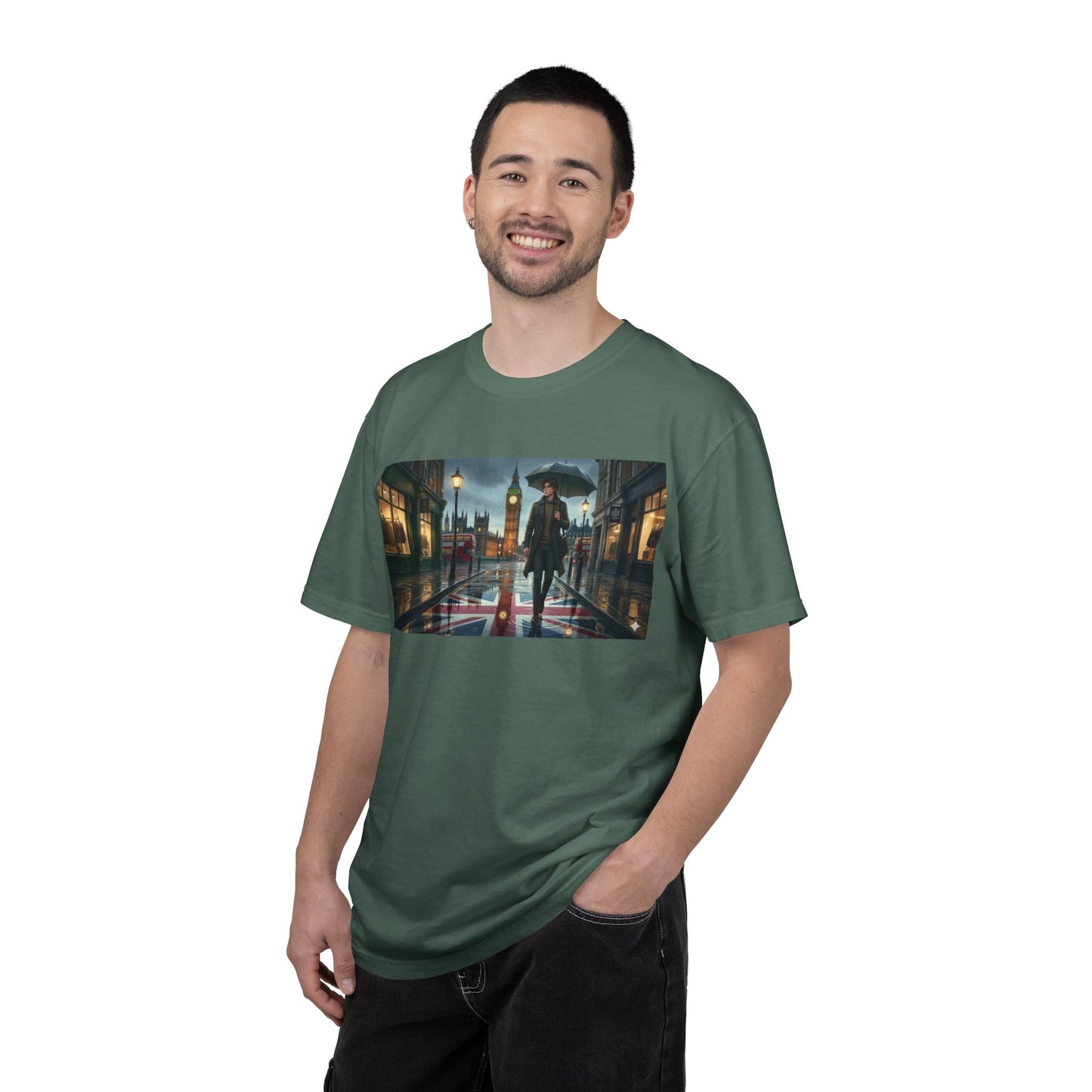 T-Shirt — Rainy London Street Scene Graphic Tee (Big Ben, Umbrella, Night Cityscape)