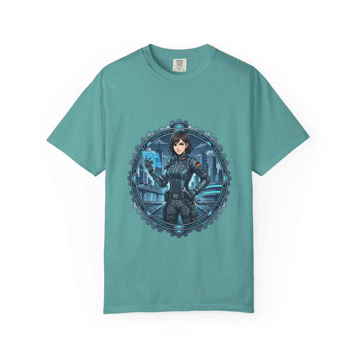 Cyber Ninja Graphic T-Shirt — Futuristic Female Warrior Illustration