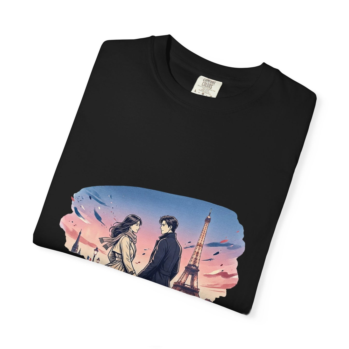 Paris Sunset Romance T-Shirt — Couple Walking by Eiffel Tower Graphic Tee