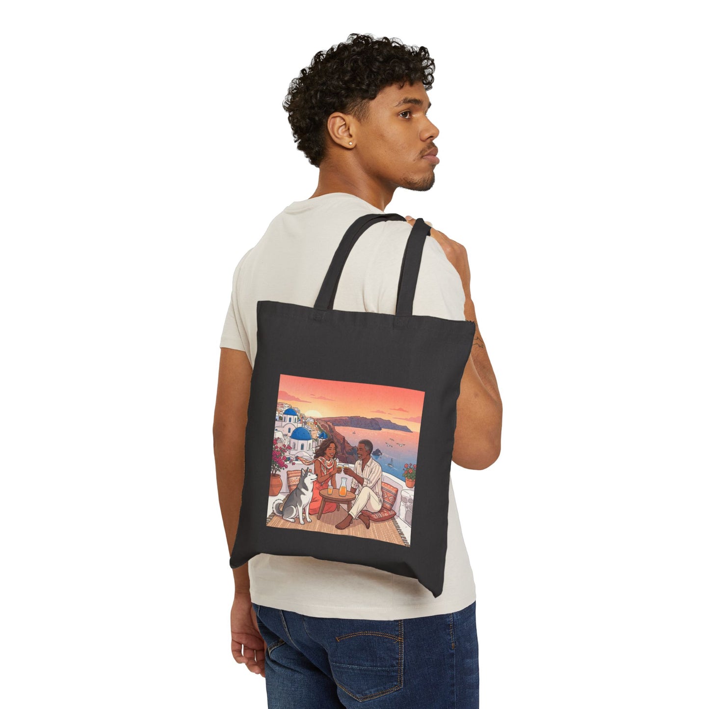 Santorini Sunset Beach Tote — Romantic Couple & Dog Canvas Bag