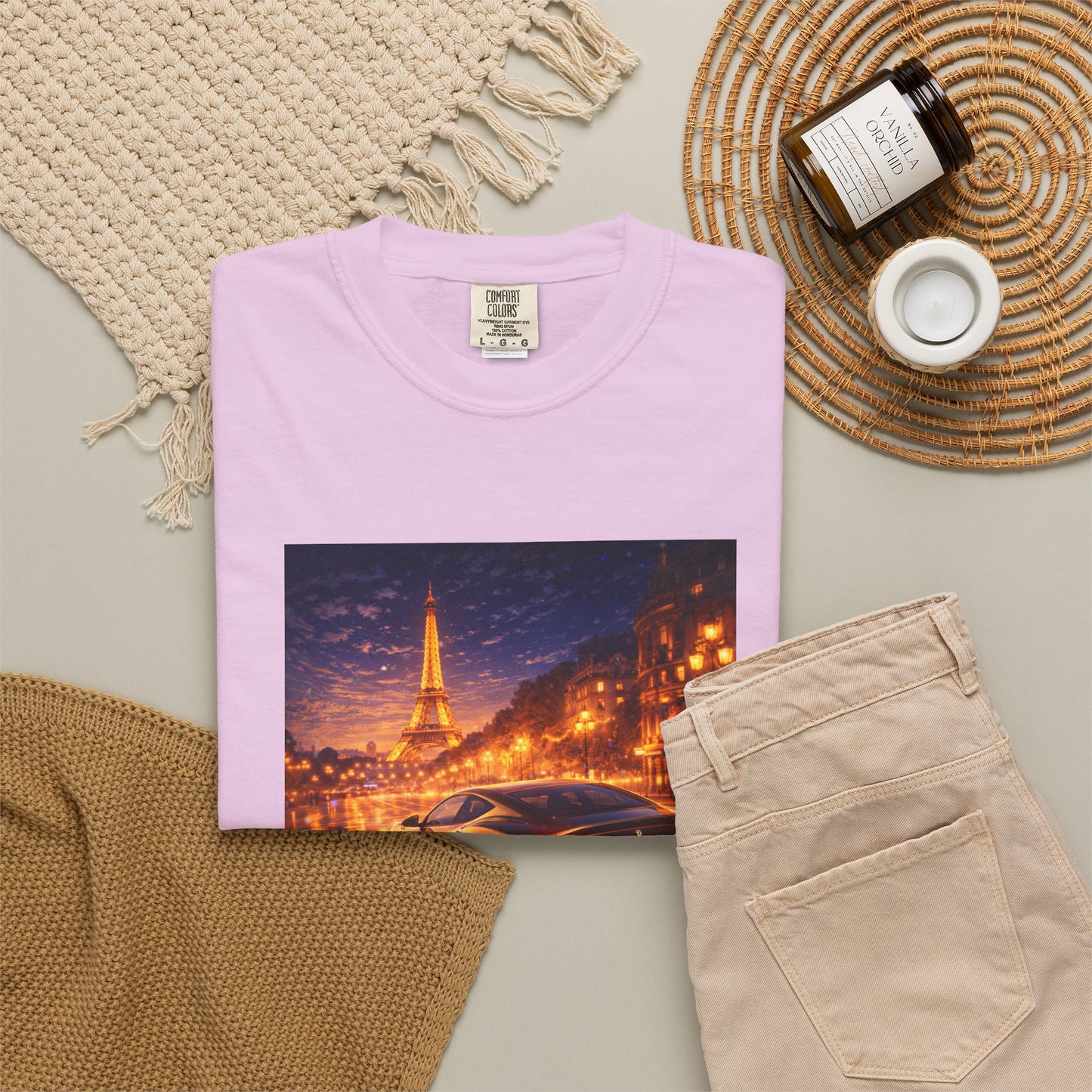 Paris Night Drive T-Shirt — Sports Car in Rainy Cityscape