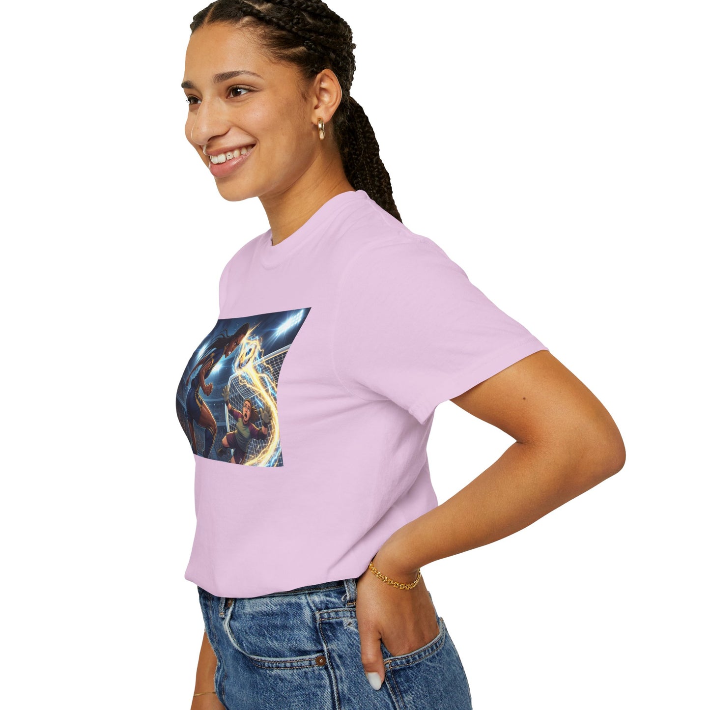 Soccer Duel Graphic T-Shirt — Futuristic Goalkeeper vs Striker Stadium Print