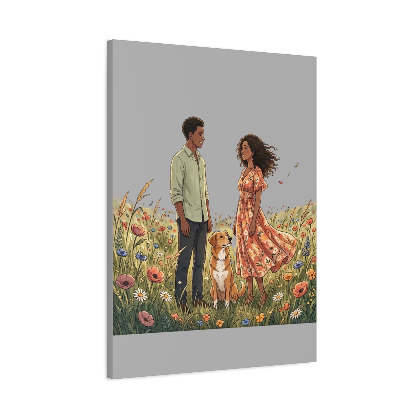 Romantic Couple in Wildflower Field Canvas Art — Black Love Wall Decor with Dog