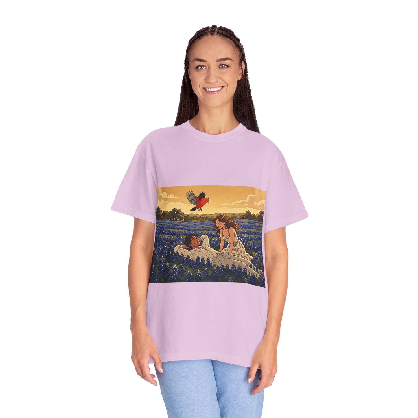 Romantic Bluebonnet Field T-Shirt — Couple in Wildflower Meadow Art Tee
