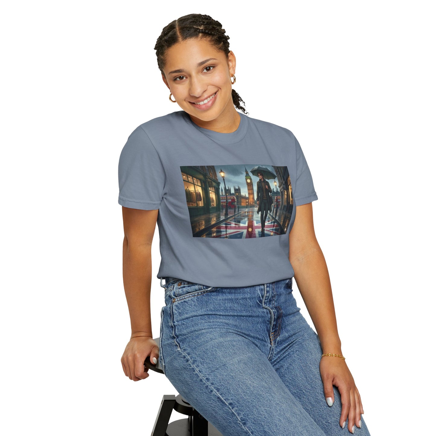 T-Shirt — Rainy London Street Scene Graphic Tee (Big Ben, Umbrella, Night Cityscape)