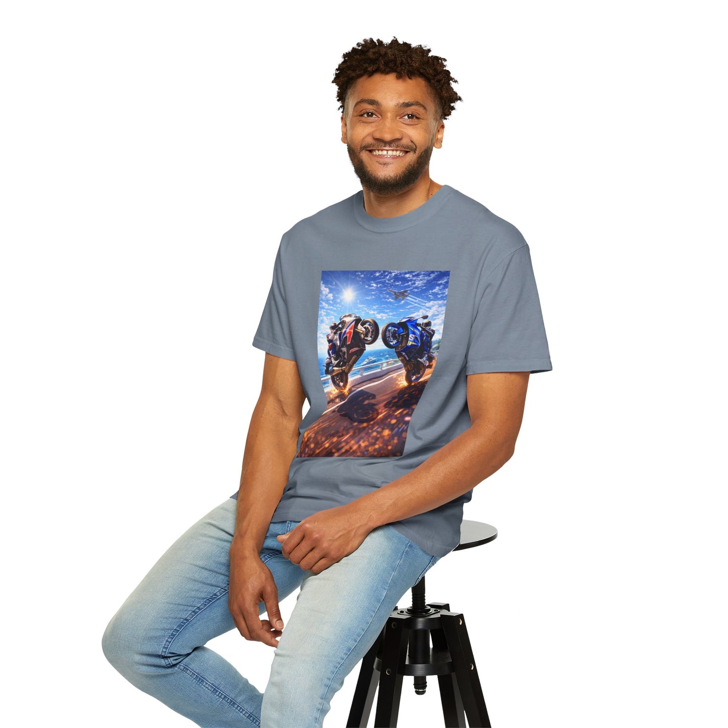 Stunt Riders Motorcycle T-Shirt — Two Bike Wheelie Racing Graphic Tee