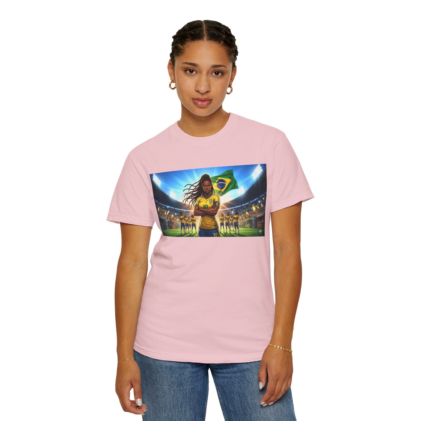 Brazil Soccer Captain T-Shirt — Player Holding Ball with Brazilian Flag Stadium Graphic