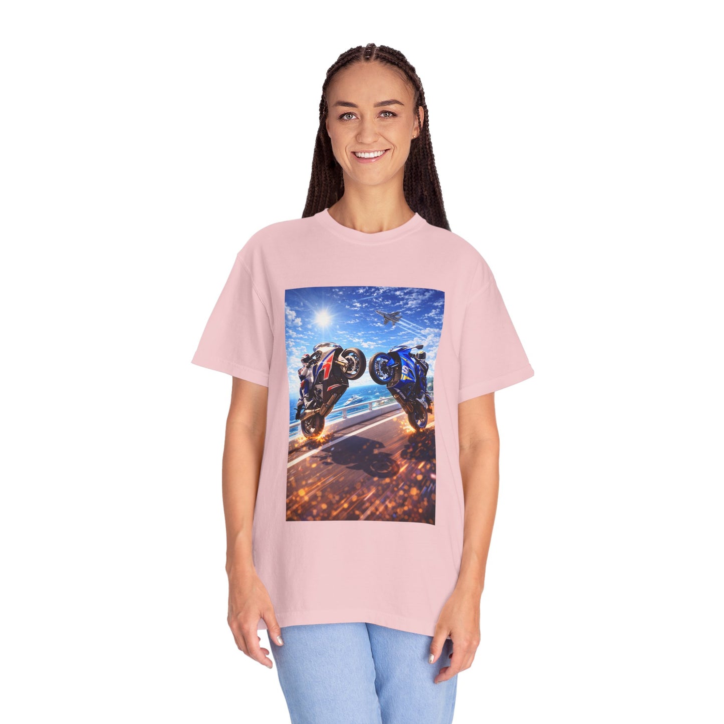 Stunt Riders Motorcycle T-Shirt — Two Bike Wheelie Racing Graphic Tee