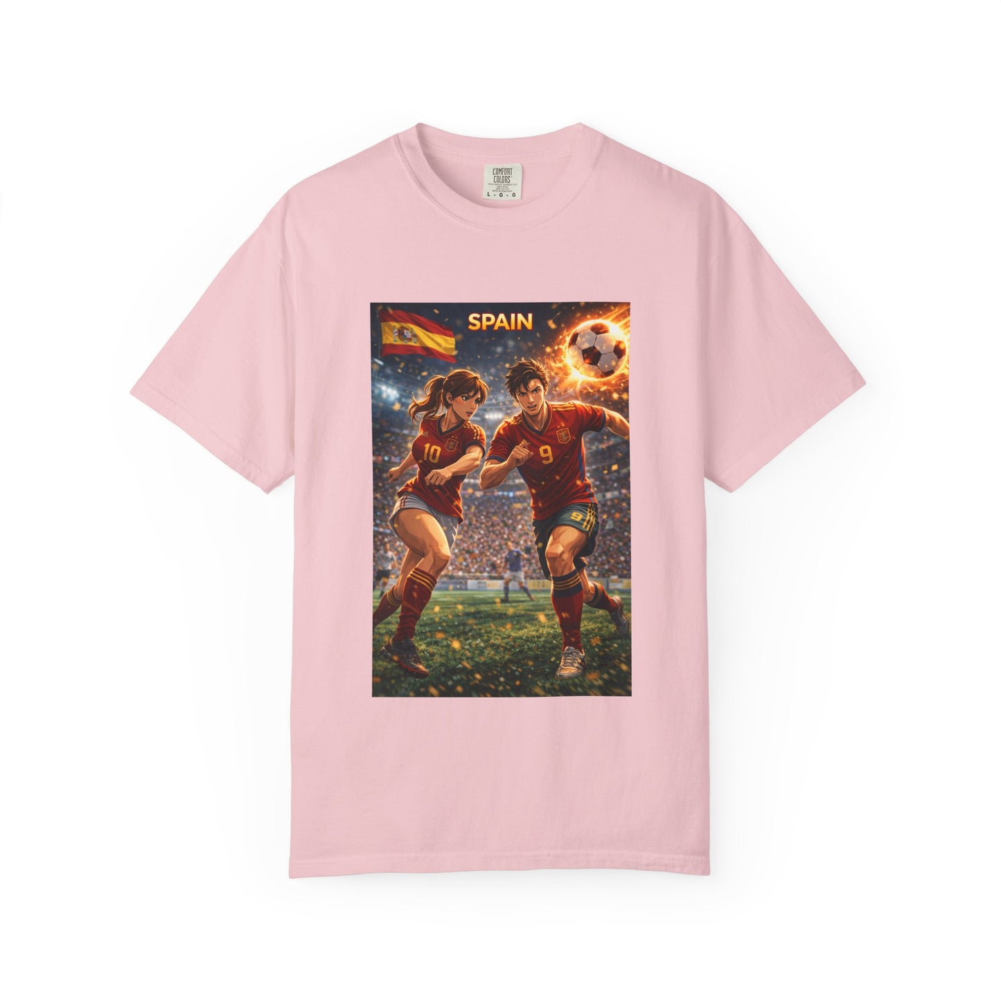 Spain Soccer Graphic T-Shirt — Retro Match Scene with Flag