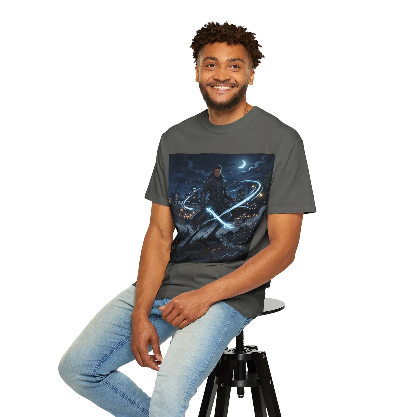 Urban Night Warrior T-Shirt — Neon Samurai Cityscape
