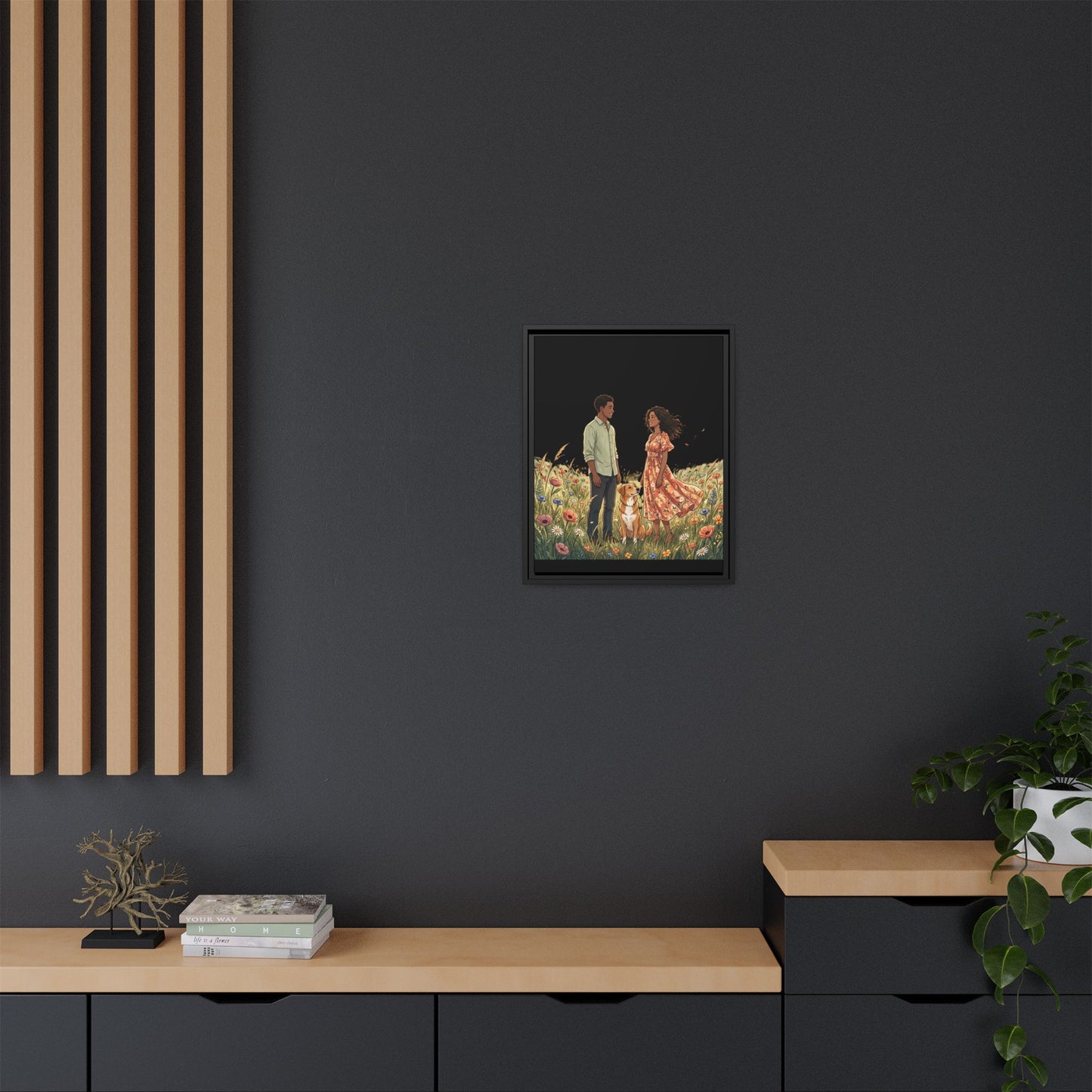 Framed Matte Canvas Print — Romantic Couple in Wildflower Field (Multi‑Color)
