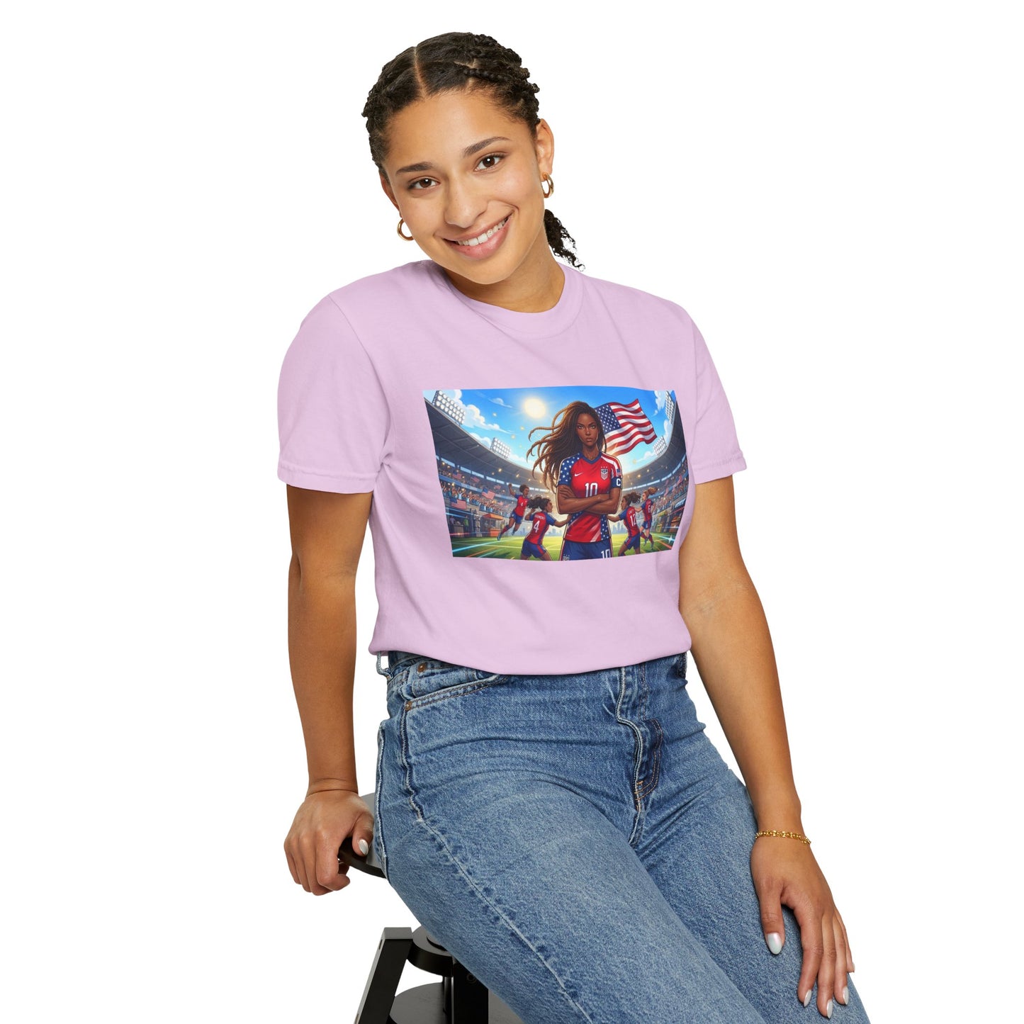 Soccer Mom USA T-Shirt — Female Soccer Player with American Flag Stadium Graphic