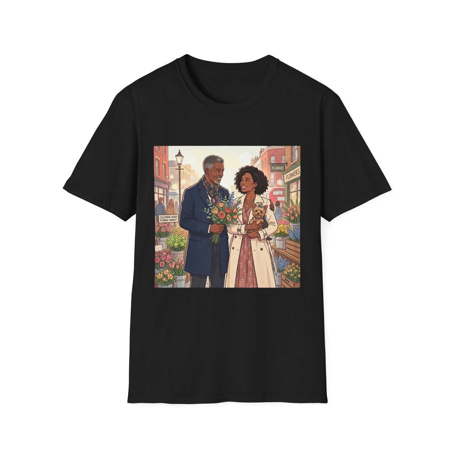 Romantic City Stroll T-Shirt — Couple Bouquet Illustration