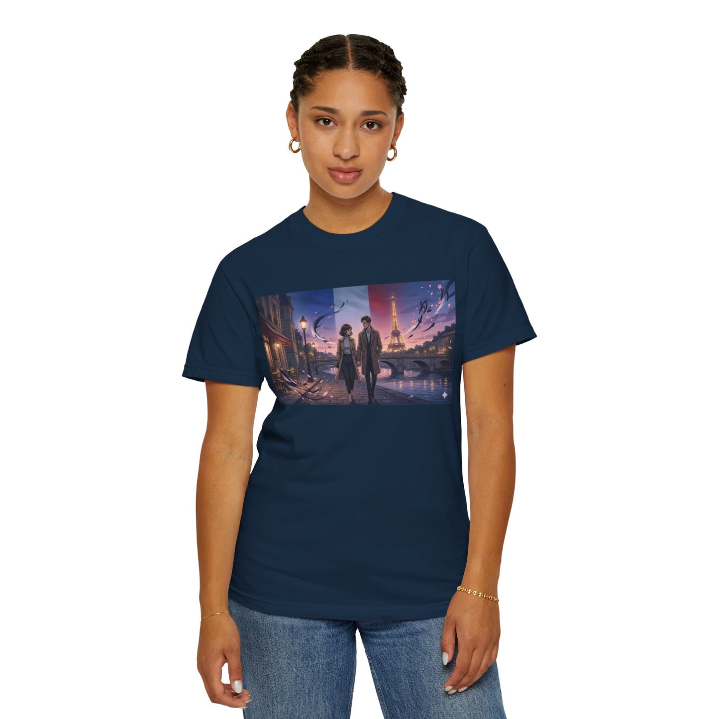 Couple Walking, Eiffel Tower - T-Shirt — Romantic Paris Nightscape Graphic Tee