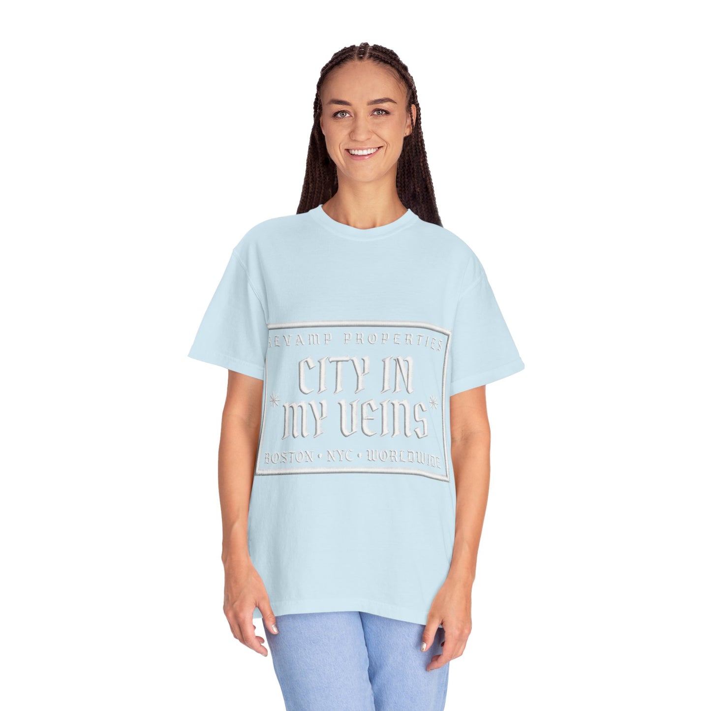 City In My Veins T‑Shirt — Vintage Cityscape Tee (Boston • NYC • Manchester)