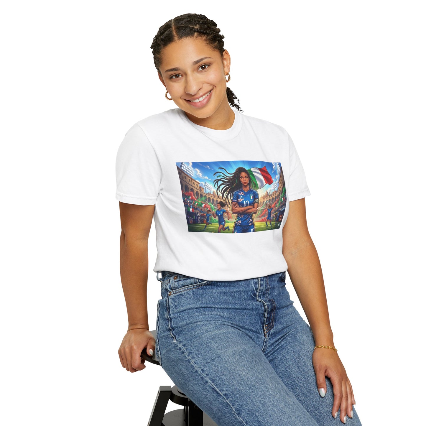 Italian Soccer Fan T‑Shirt – Inspirational Female Player with Italy Flag Stadium Print