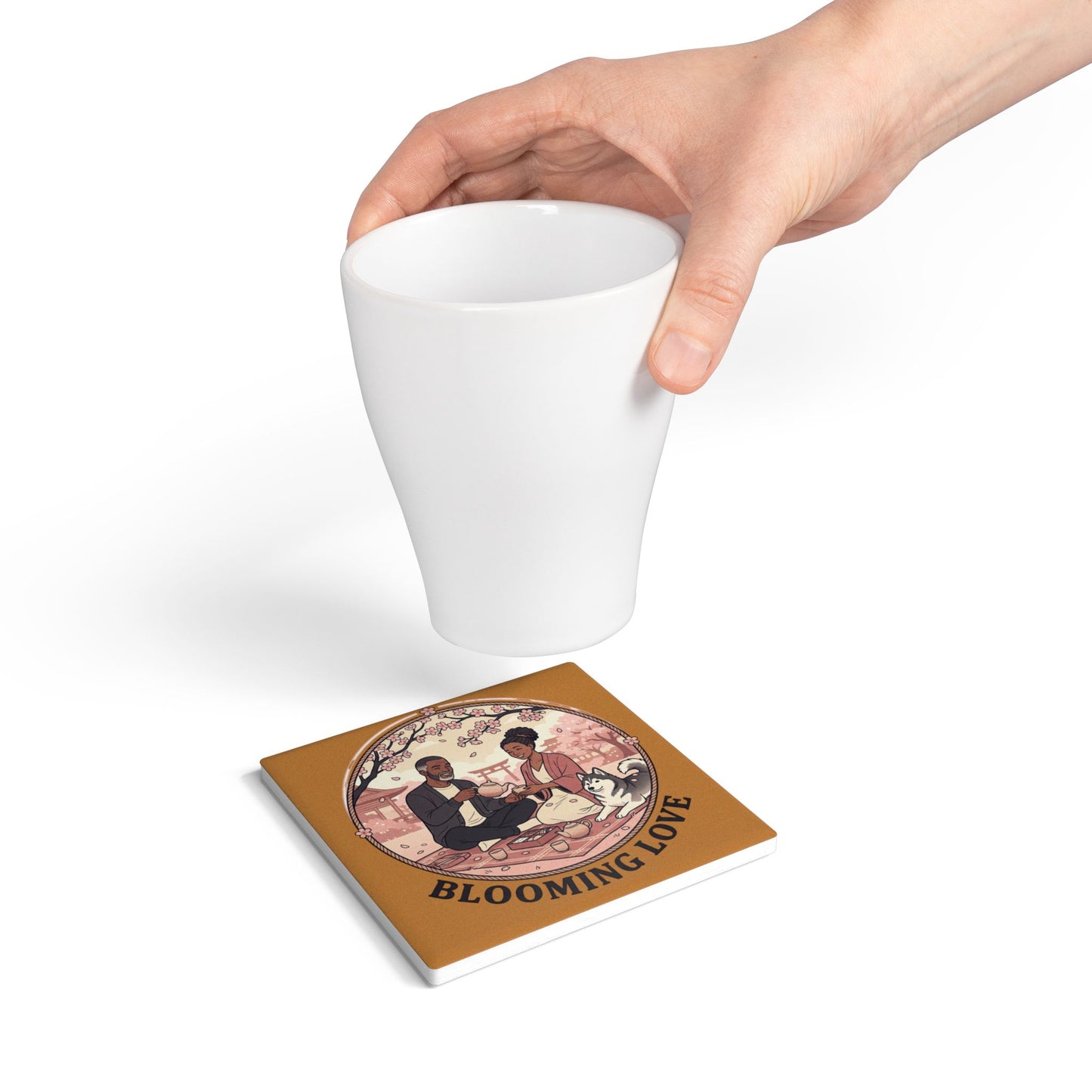 Blooming Love Ceramic Coaster — Romantic Picnic Cherry Blossom Tea Time Gift