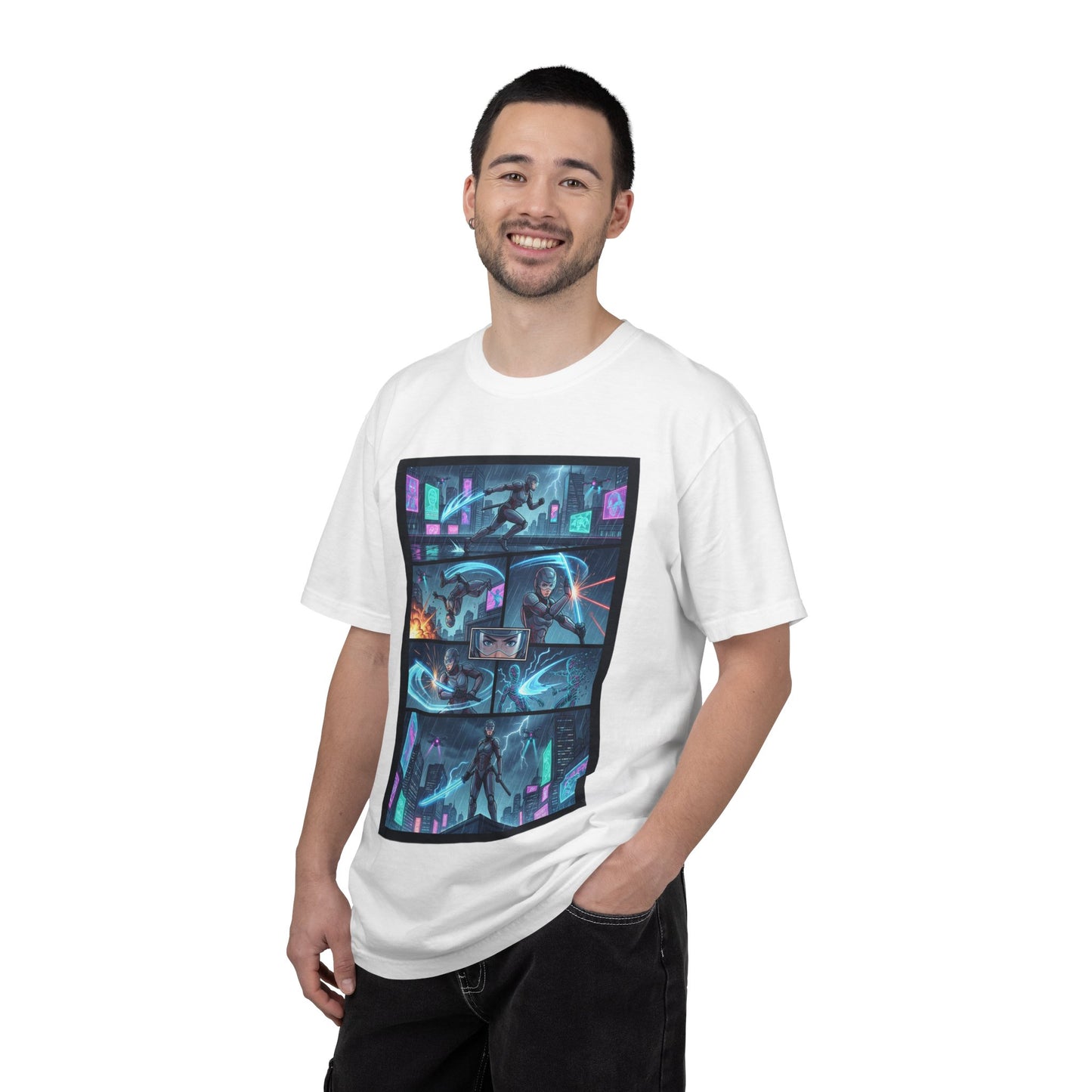 Cyberpunk Girl Samurai T-Shirt — Neon Manga Panel Graphic Tee