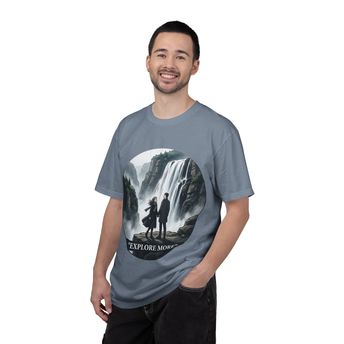 Explore More T-Shirt — Adventure Graphic Tee with Waterfall Scene