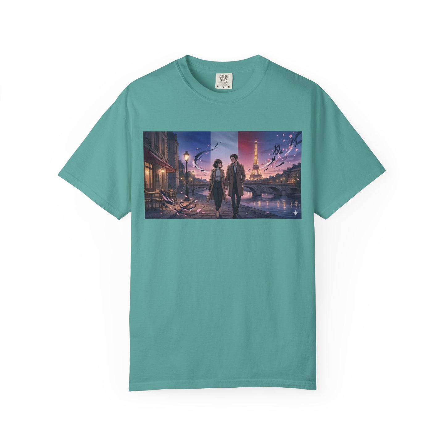 Couple Walking, Eiffel Tower - T-Shirt — Romantic Paris Nightscape Graphic Tee