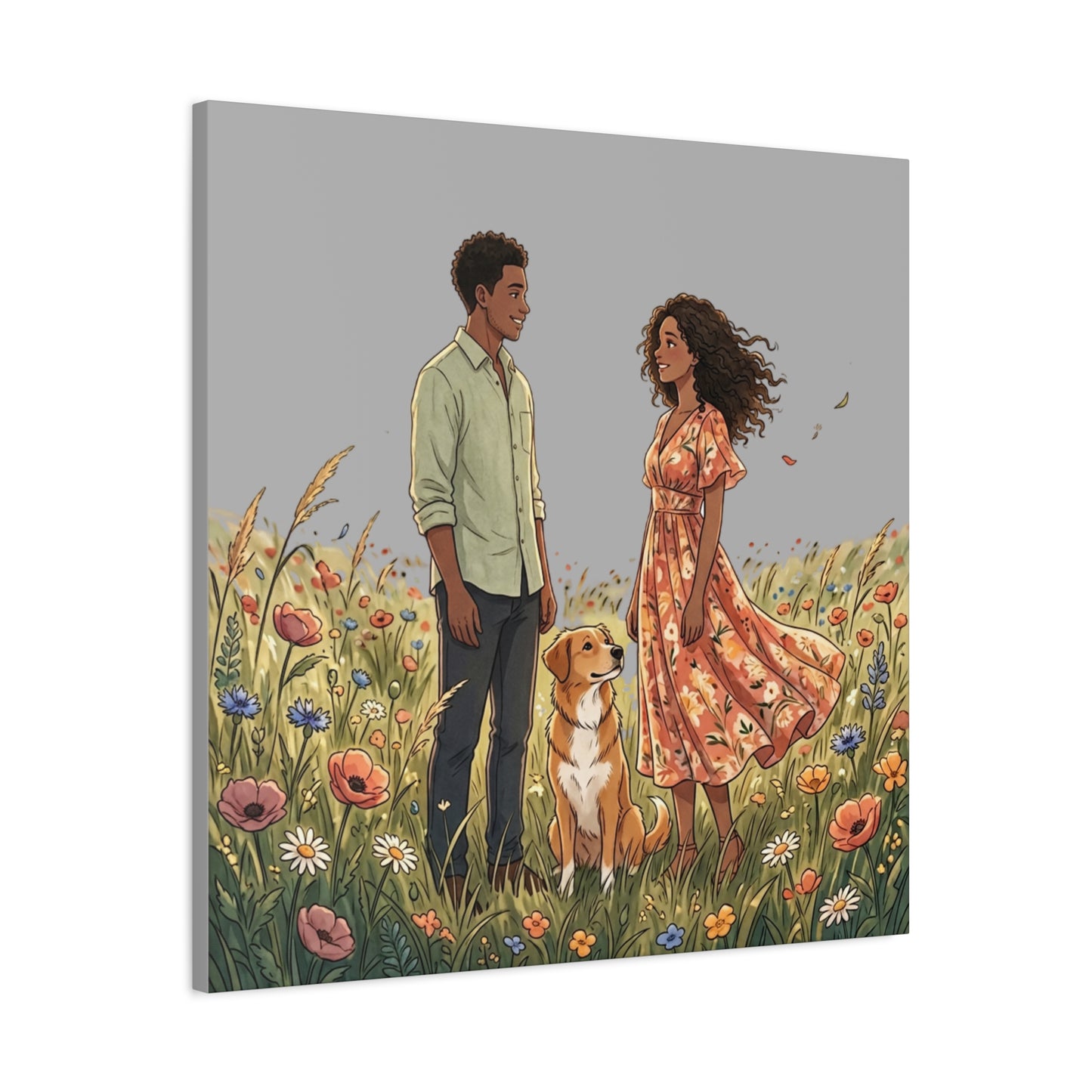 Romantic Couple in Wildflower Field Canvas Art — Black Love Wall Decor with Dog