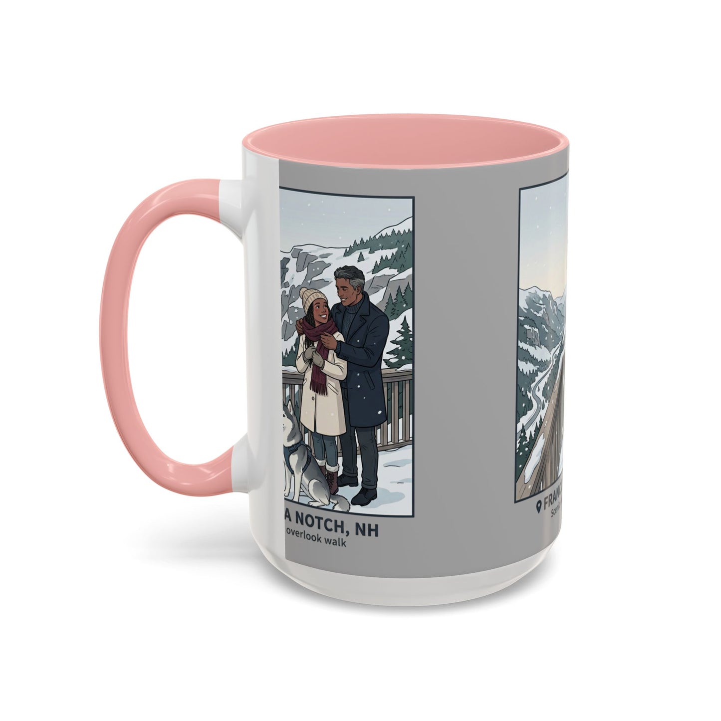 Franconia Notch Scenic Winter Mug — Couples & Dog Snowy Overlook Coffee Cup (11/15oz)