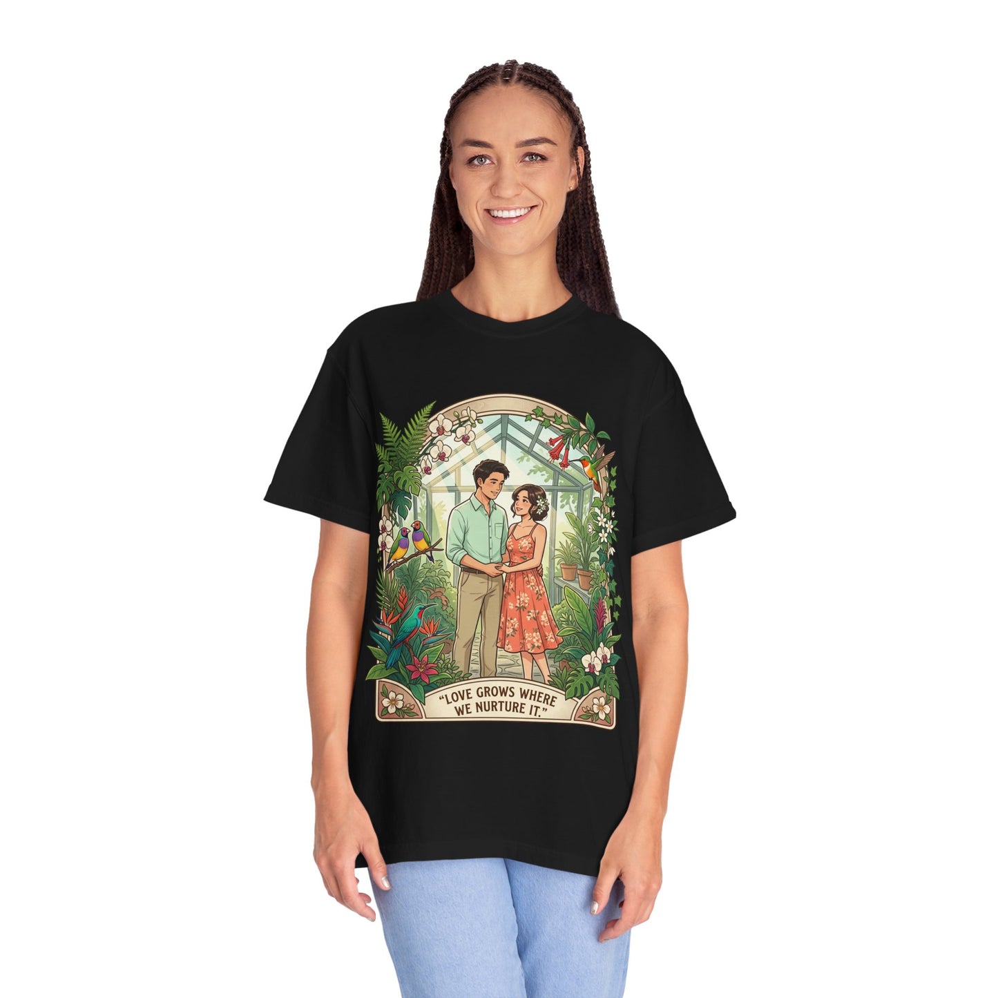 Romantic Greenhouse Couples T-Shirt — “Love Grows Where We Nurture It”
