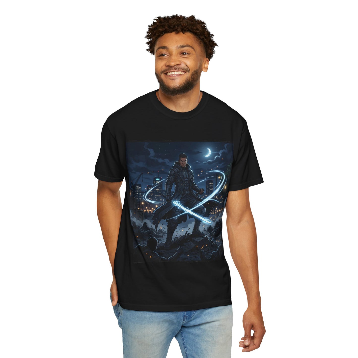 Urban Night Warrior T-Shirt — Neon Samurai Cityscape