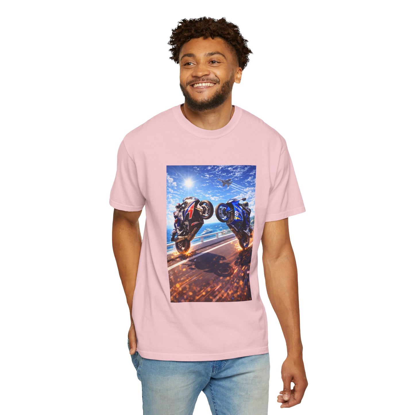 Stunt Riders Motorcycle T-Shirt — Two Bike Wheelie Racing Graphic Tee
