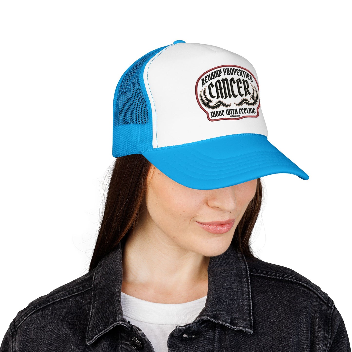 Cancer Zodiac Trucker Hat — Vintage Embroidered Skull & Crab Design