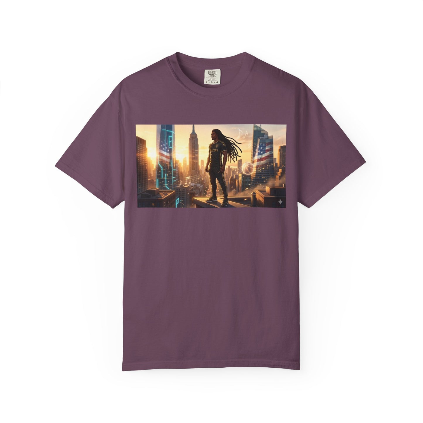 Cyberpunk Cityscape T-Shirt — Silhouette Hero at Sunset