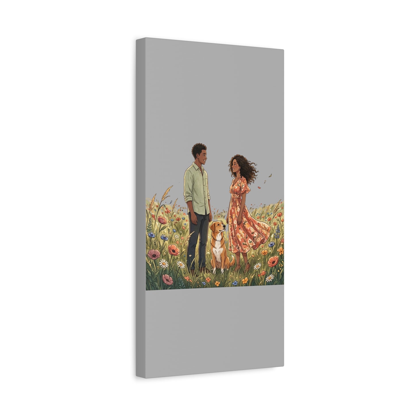Romantic Couple in Wildflower Field Canvas Art — Black Love Wall Decor with Dog