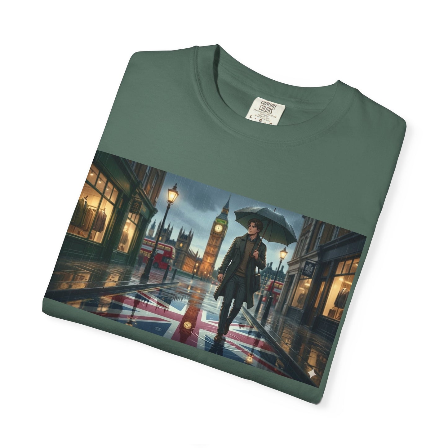 T-Shirt — Rainy London Street Scene Graphic Tee (Big Ben, Umbrella, Night Cityscape)