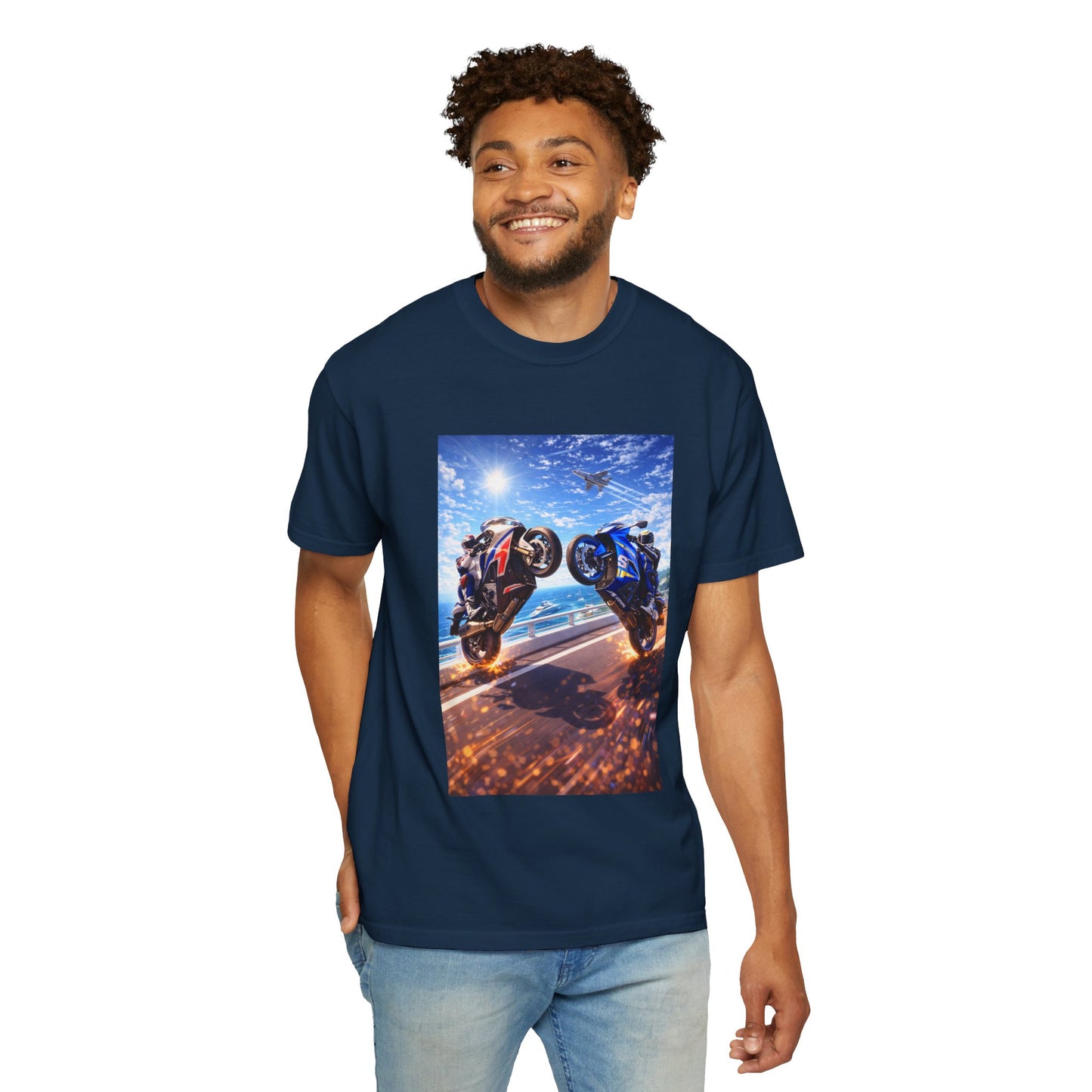 Stunt Riders Motorcycle T-Shirt — Two Bike Wheelie Racing Graphic Tee