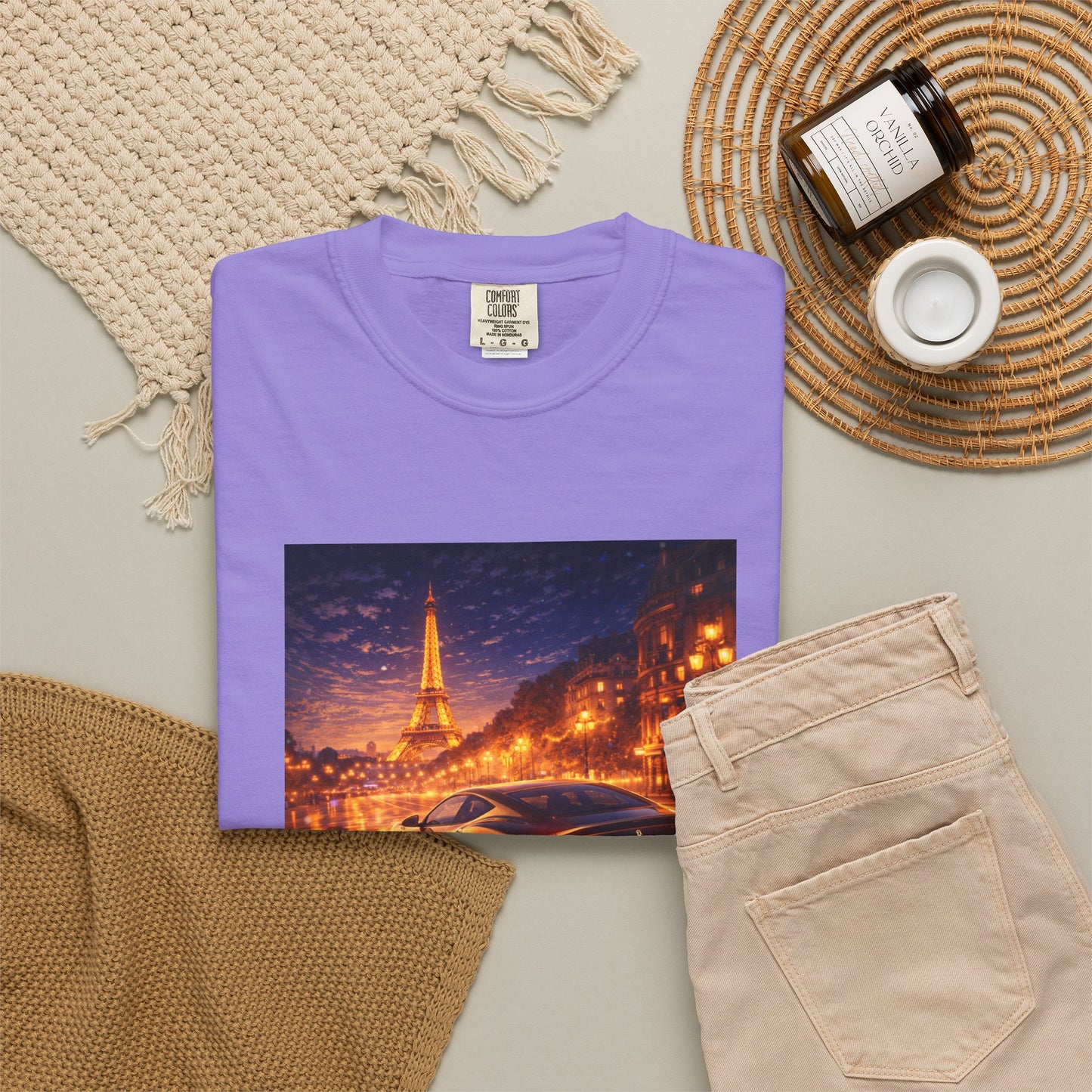 Paris Night Drive T-Shirt — Sports Car in Rainy Cityscape