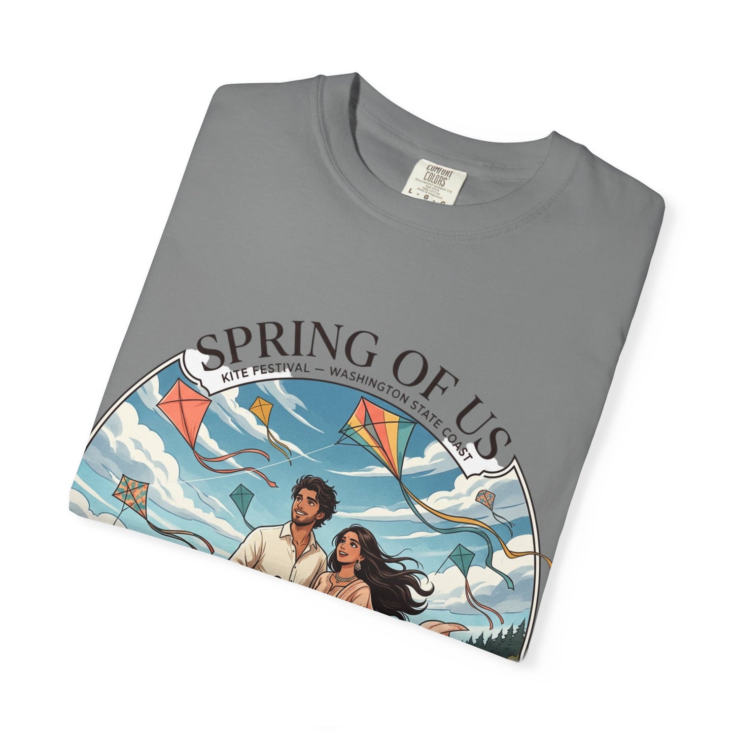 Spring of Us T-Shirt — Romantic Beach Couple Illustration with Dog